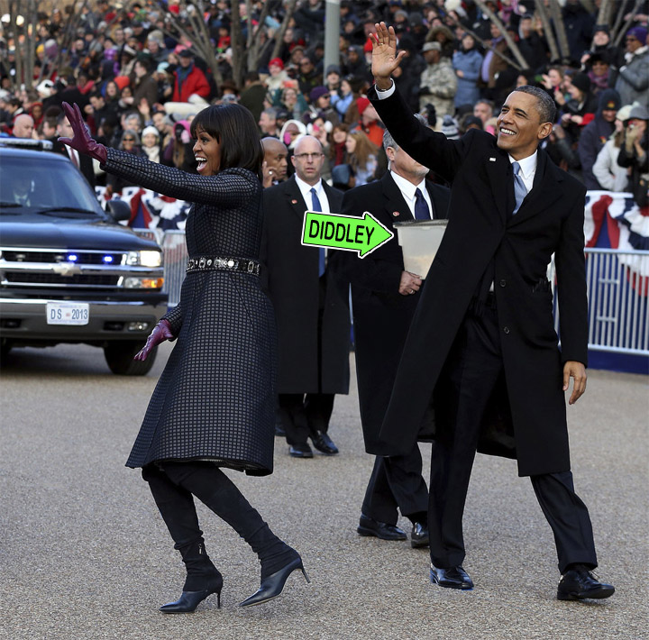 Diddley Squat, in cage carried by Secret Service officer, accompanies Pres. and Mrs. Obama at Inaugural Parade